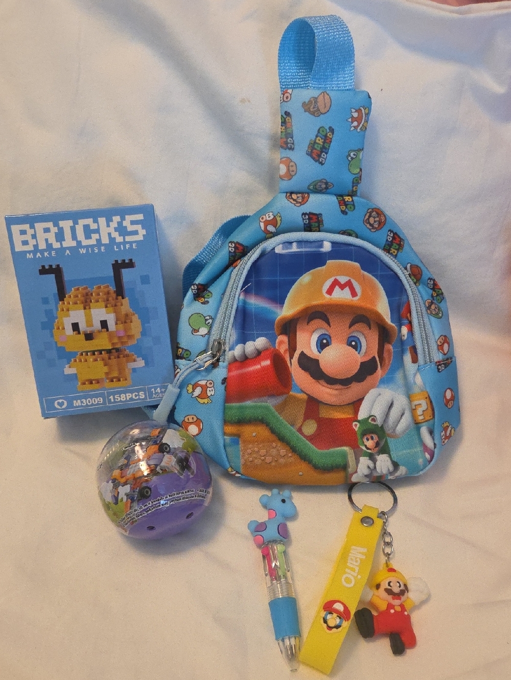 All 5 Items - Super Mario Kids Sling Backpack with Mario Keychain - Kids Toys
